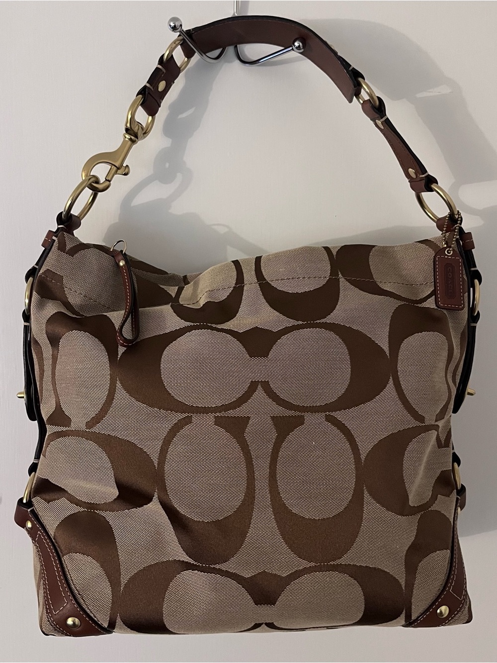 Large Coach Brown Signature Jacquard Hobo Bag with Leather Trim
